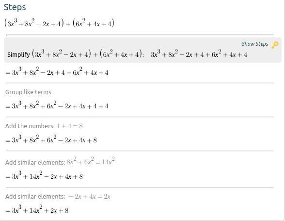 Simplify (3x3 + 8x2 – 2x + 4) + (6x2 + 4x + 4).-example-1