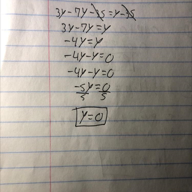 Solve the following equation for y. 3y - 7(y + 5) = y - 35 Also Show your work Describe-example-1