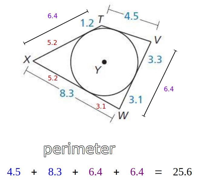 Previous 37 Question Each side of quadrilateral TVWX is tangent to ⊙Y. Find the perimeter-example-1