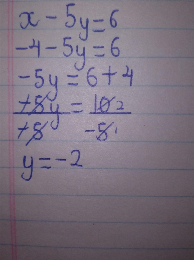 If x - 5y = 6, what is the value of y when X= -4? A:-2 B-2/5 C:2/5 D:2-example-1