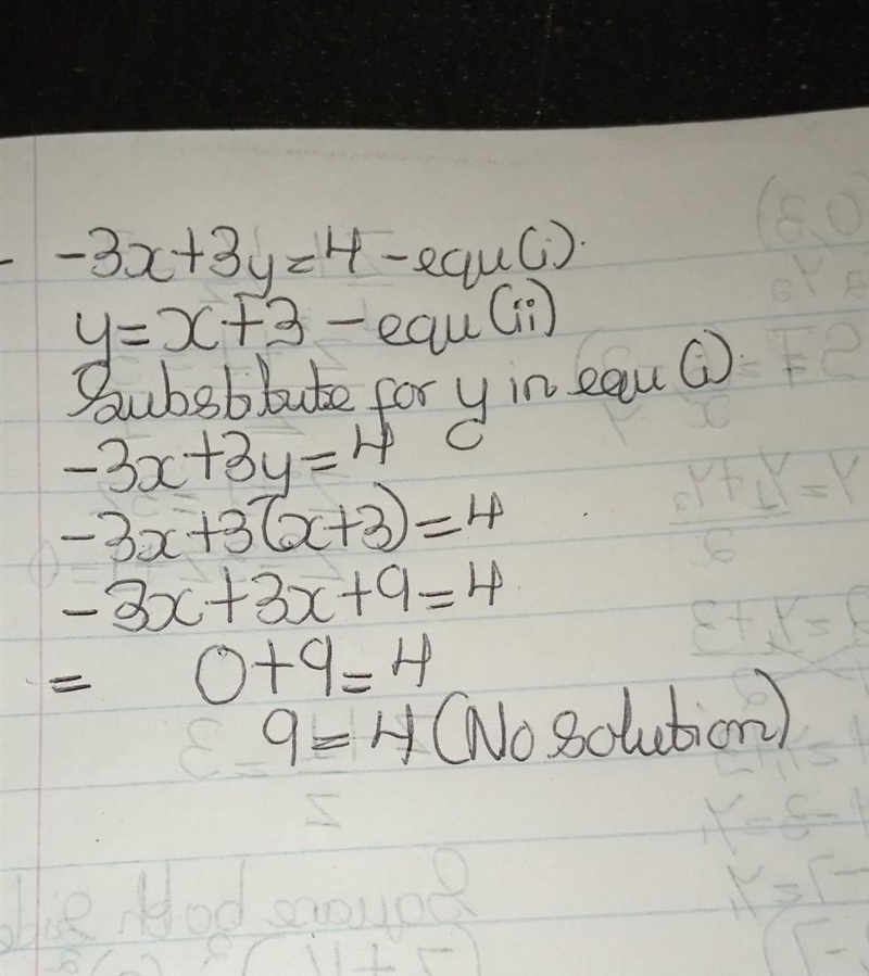 Solve the system! - 3x + 3y = 4 y=x+3 What is the solution?-example-1