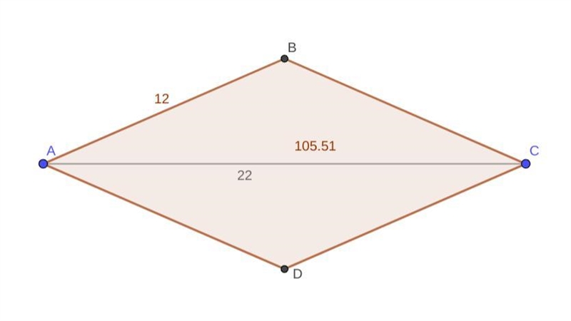 In rhombus ABCD, AB=12 and AC=22. Find the area of the rhombus to the nearest 10. a-example-1