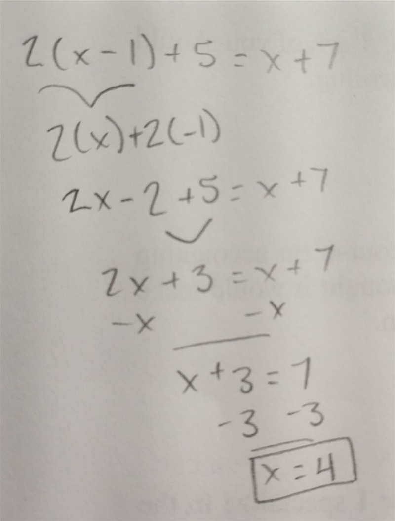 What is 2(x-1) + 5 = x + 7-example-1