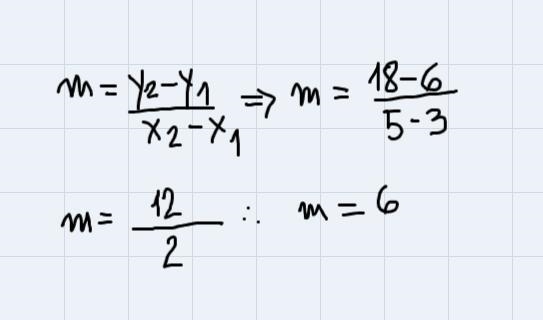 Write the equation of the line that passes through the pints (3,6) and (5,18) using-example-1