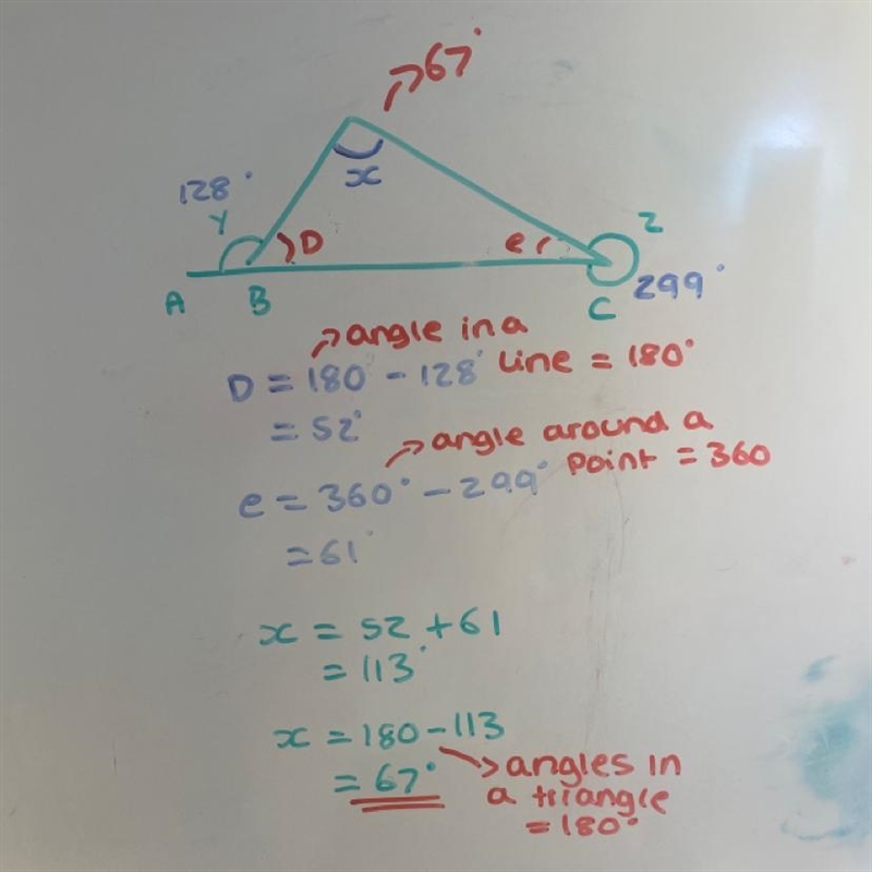 A, B and C lie on a straight line. Given that angle y = 128° and angle z = 299°, work-example-1