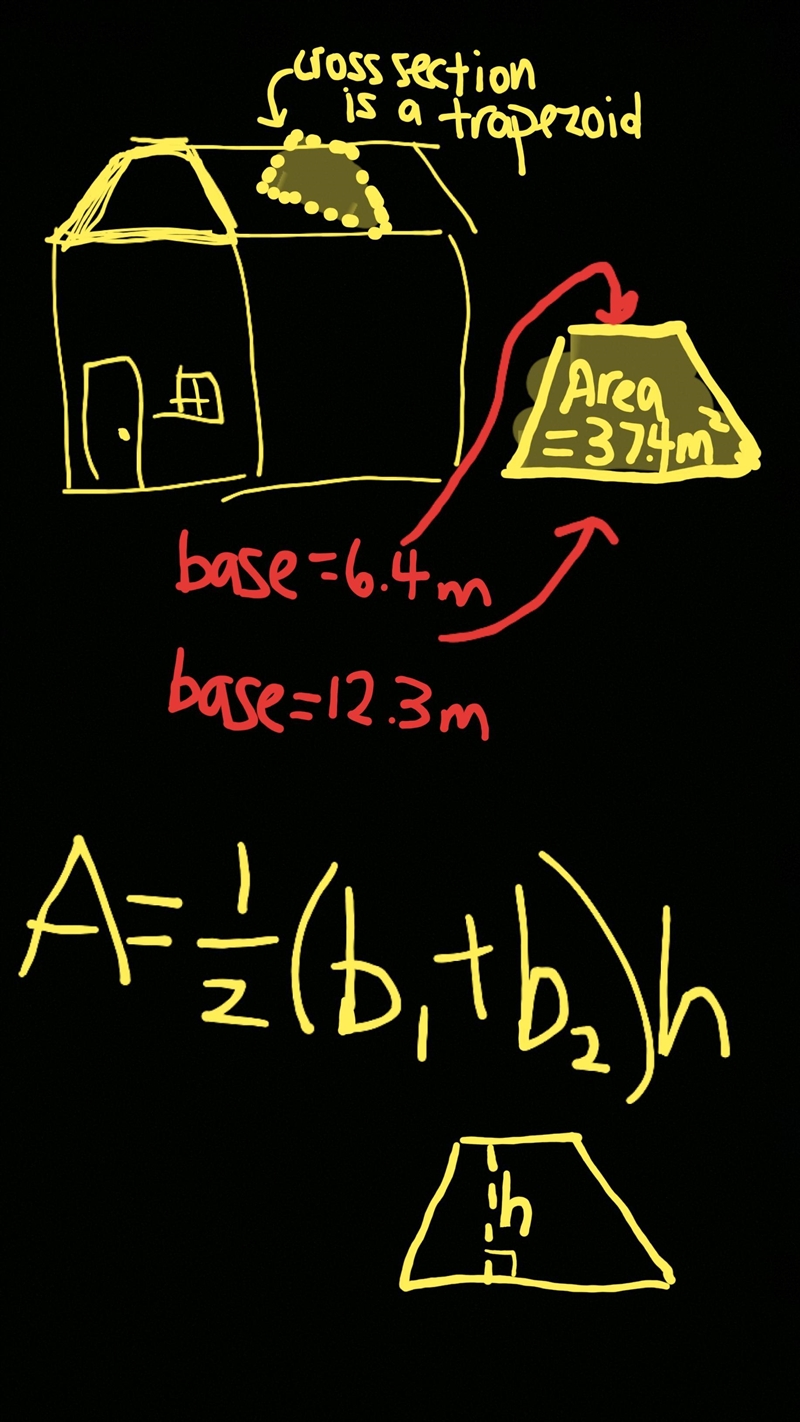 A cross section of an attic is shaped like a trapezoid. It has an area of 37.4 square-example-1