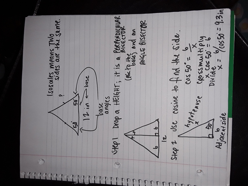 The length of the base of an isosceles triangle is 12 inches. Each base angle measures-example-1