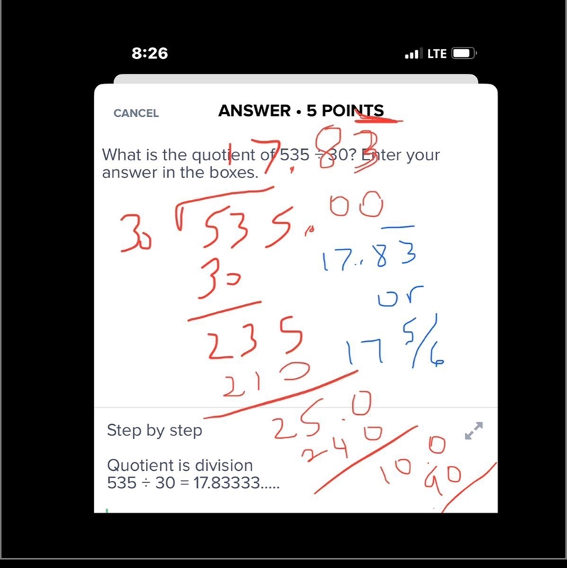 What is the quotient of 535 ÷ 30? Enter your answer in the boxes.-example-1