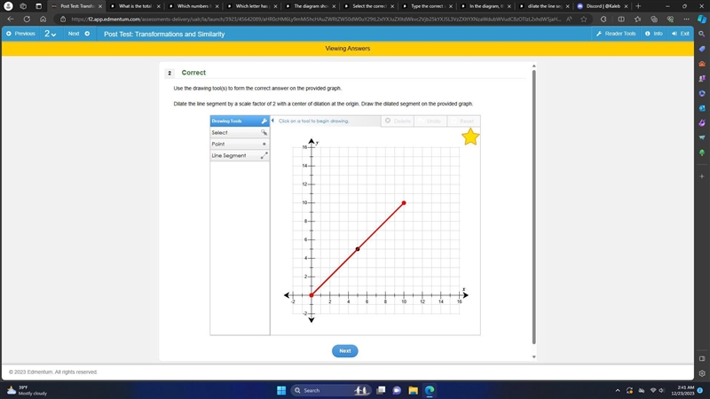 dilate the line segment by a scale factor of 2 with a center of dilation at the origin-example-1