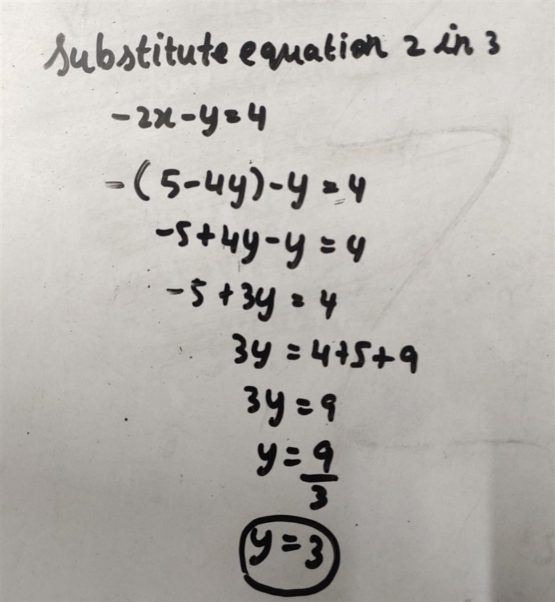 Use elimination to solve the system of equations. 2x+4y=6 -2x-y=4-example-1