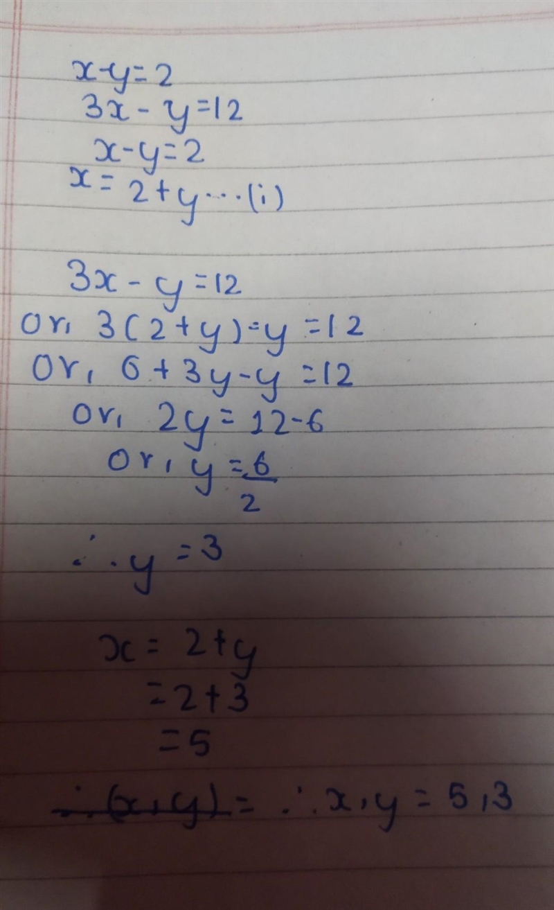 Find x and y. x - y = 2 3x - y = 12​-example-1