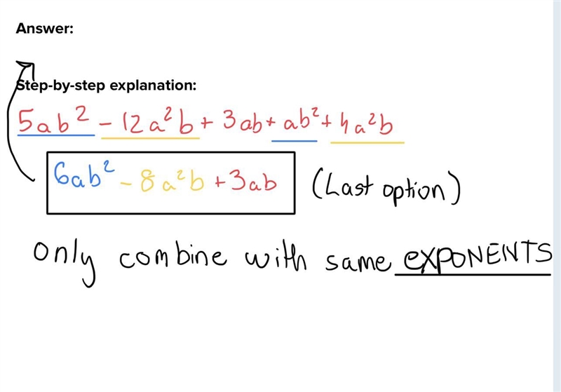 SIMPLIFY OR COMBINE LIKE TERMS!!! 5ab^2- 12a^2b+ 3ab+ab^2+4a^2b-example-1