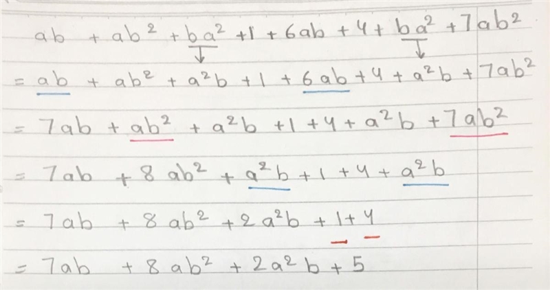 Ab + ab^2 +ba^2 +1 + 6ab +4 + ba^2 +7ab^2 solve-example-1