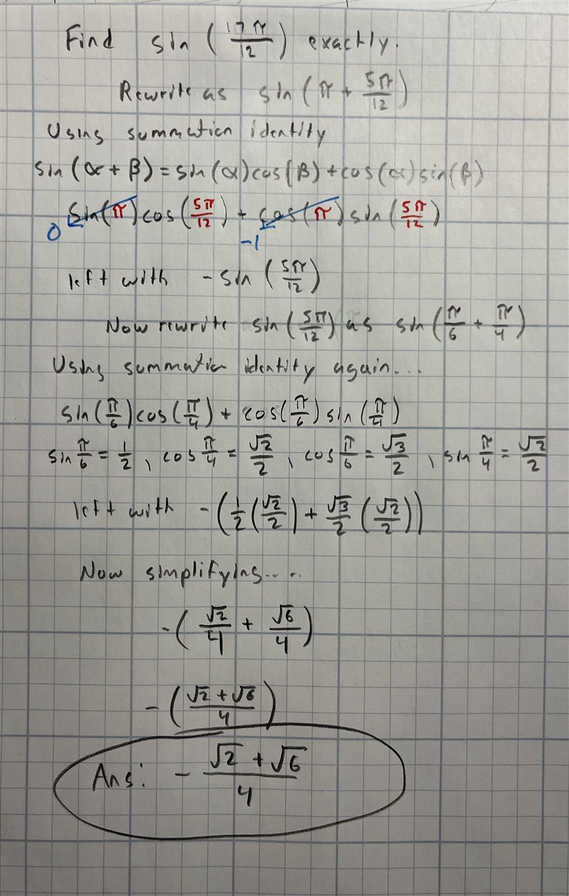 Find sin(17π/12) exactly. I think it has to do something with splitting 17π/12 into-example-1