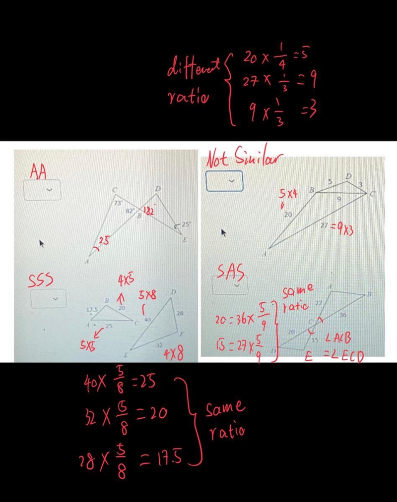 HELP ASAP. Determine whether triangles are similar by Side by Side (SSS), Side Angle-example-1