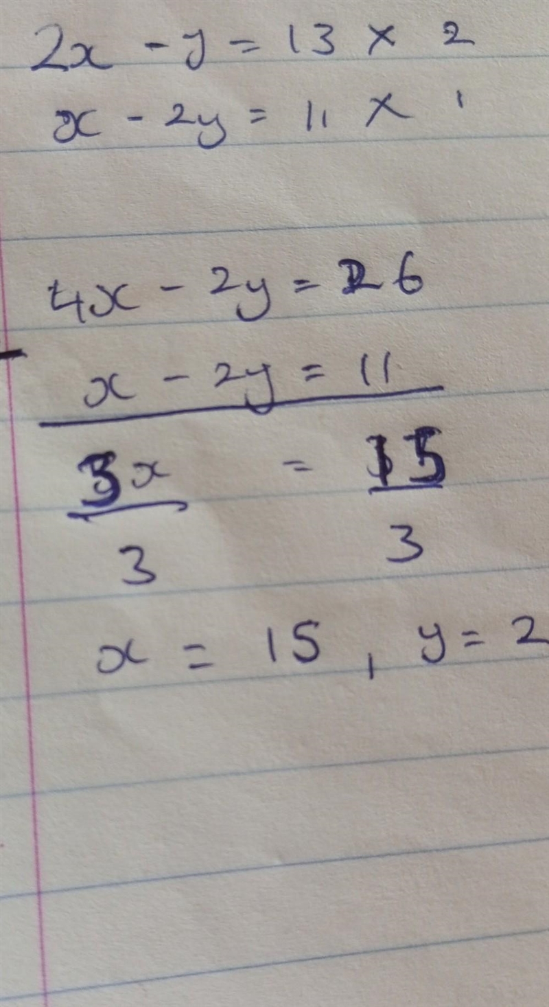 Solve the simultaneous equations 2x - y = 13 x – 2y = 11-example-1