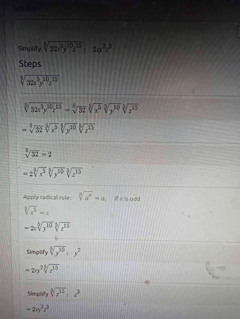 Which expression is equivalent to. 5 32x^5 y ^10 z^15 HURRY NOW-example-1