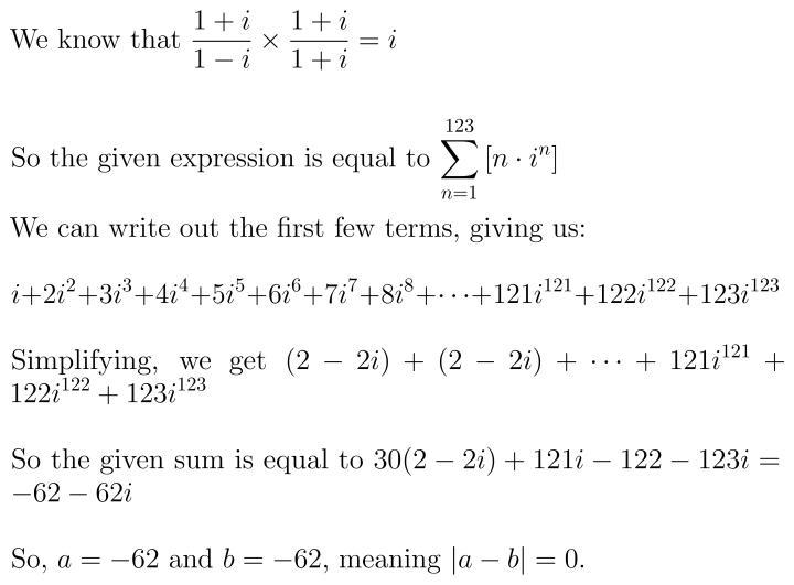 When a,b are real number and i^2 = -1 then what is value of |a-b| ? help me please-example-1