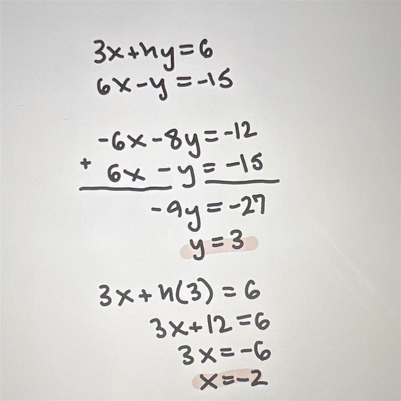 Solve the simultaneous equations. 3x+4y = 6 6x-y = -15-example-1