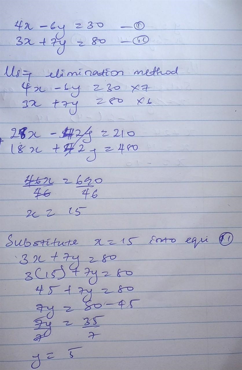 Solve the system of equations below. 4x – 6y = 30 3x + 7y = 80 x = , y =-example-1