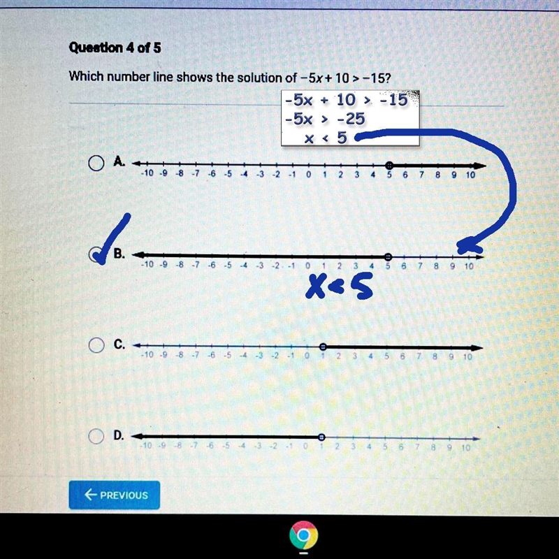 Which number line shows the solution of -5x + 10 > -15? A. L10 9 9 6 -2 1 0 1 12 3 4 5 8 9 10 B-example-1