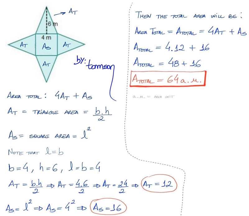 What is the total surface area of the square pyramid? 48 square meters 64 square meters-example-1