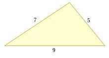 A triangle with side lengths of 5 meters, 7 meters and 9 meters.-example-1