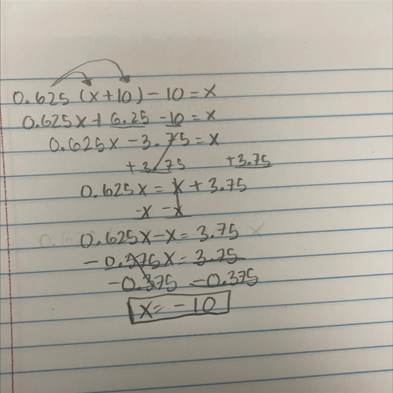 0.625(x+10) -10 =x SOLVE-example-1