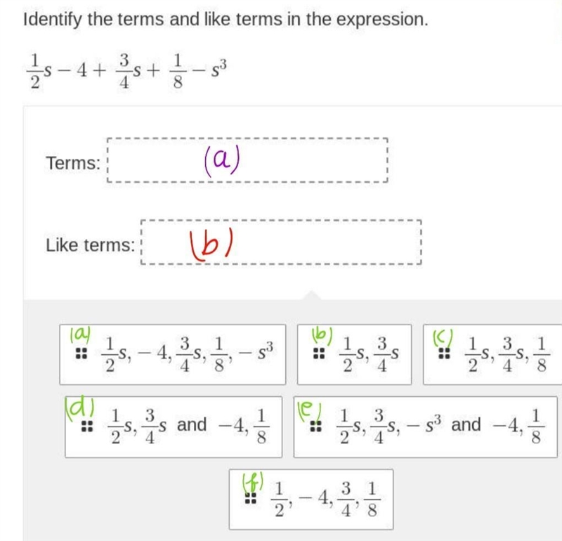 Identify the terms and like terms in the expression.-example-1