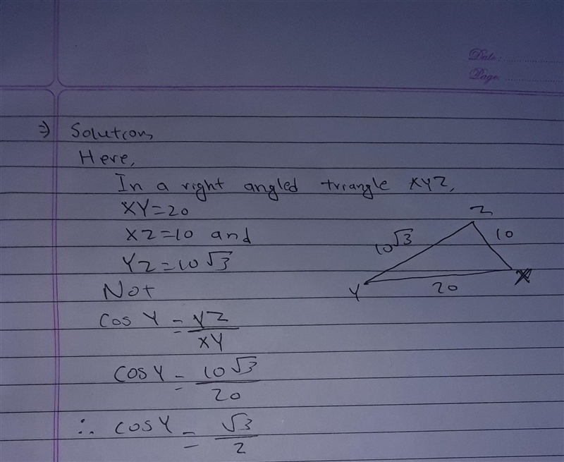 Find the cosine of ZY. Z 10V3 10 Y 20 Write your answer in simplified, rationalized-example-1