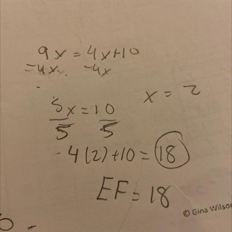 E is the midpoint of DF, DE = 9x, and EF = 4x + 10 Find EF-example-1