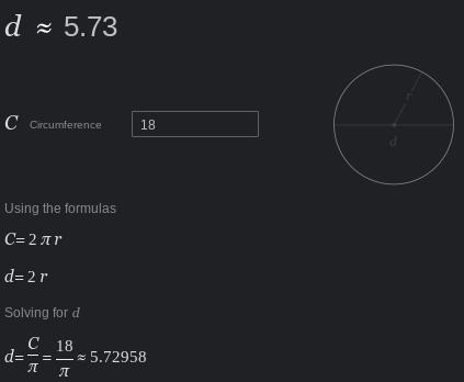 The circumference of a circle is 18piπ in. Find its diameter, in inches.-example-1