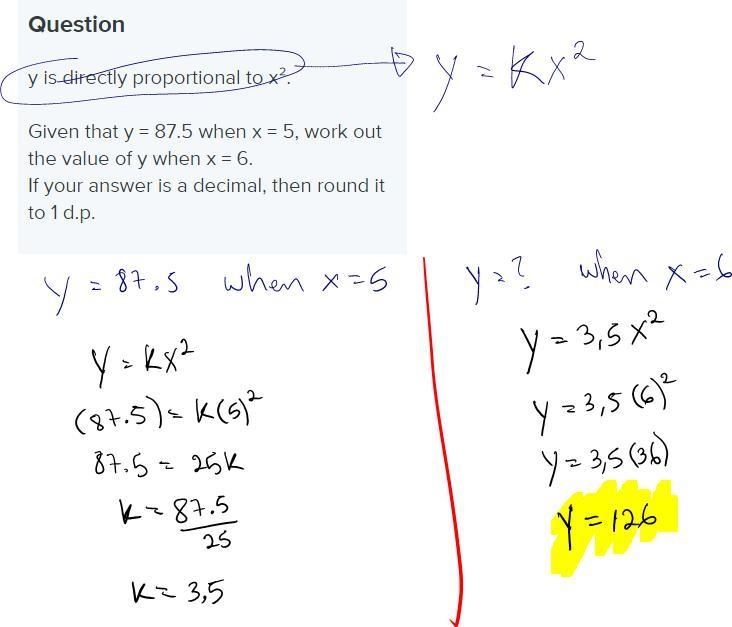 Y is directly proportional to x². Given that y = 87.5 when x = 5, work out the value-example-1