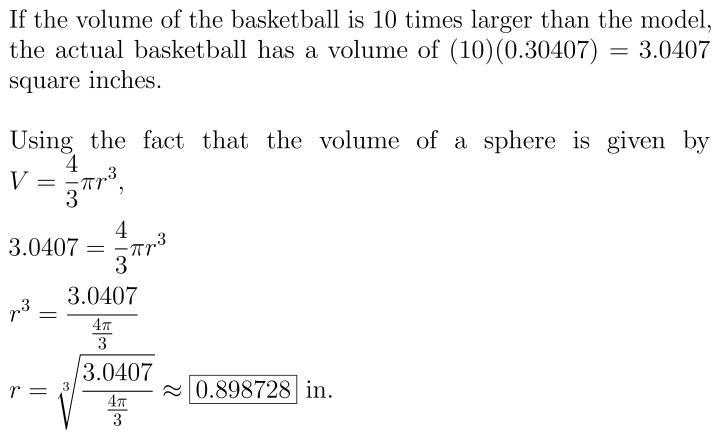 Susan is making a scale model of a basketball. susan's model has the following volume-example-1