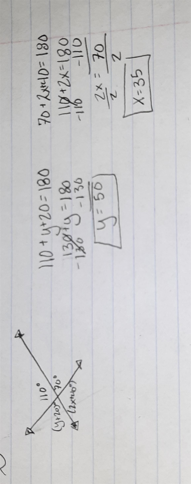 19. Solve for x and y: (y +20) 110° 70° (2x + 40)°-example-1