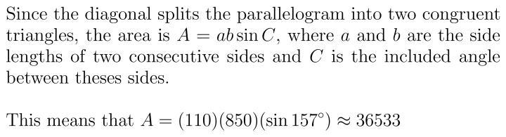 Two sides of a parallelogram are 110 feet and 850 feet. The measure of the angle between-example-1