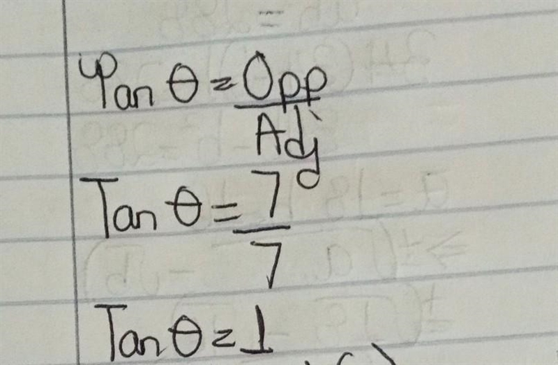 Find the tangent of angle Θ in the triangle below. A. 7/7 B. 0 C. sqroot2 D. 1 E. 7/sqroot-example-1