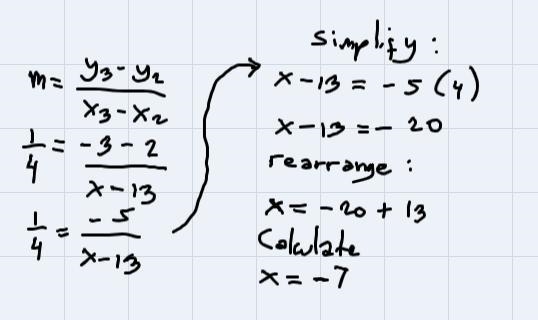 Determine x so that the three points (x,-3),(9,1), and (13,2) will lie on a straight-example-4