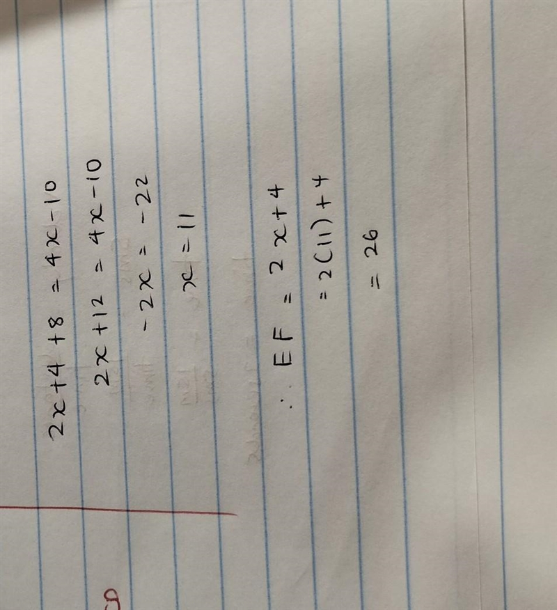 point F is on line segment EG. given FG = 8, EF = 2x + 4, and EG = 4x - 10, determine-example-2