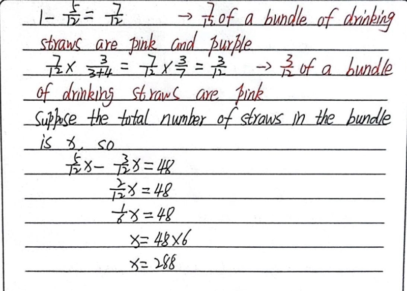 5/12(fraction) of a buundle of drinking straws are white. The rest are pink and purple-example-1