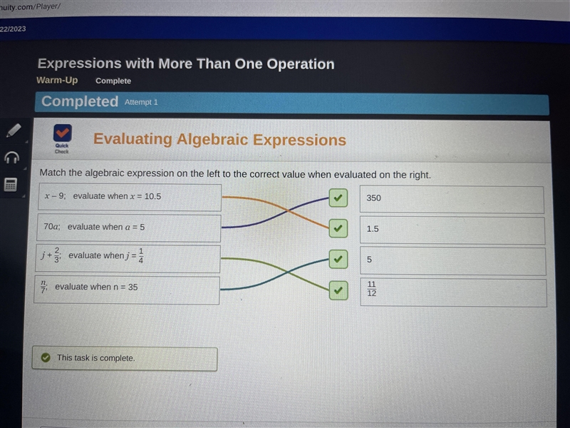 Check Match the algebraic expression on the left to the correct value when evaluated-example-1