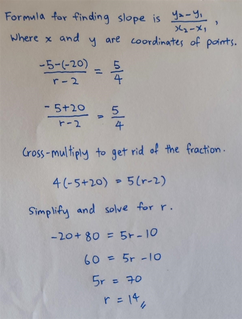 The points (2,-20) and (r,-5) lie on a line with slope 5/4. Find the missing coordinate-example-1