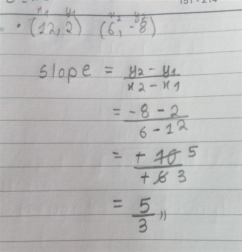 A line intersects the points( 12,2) and (6, -8) what is the slope of the line in simplest-example-1