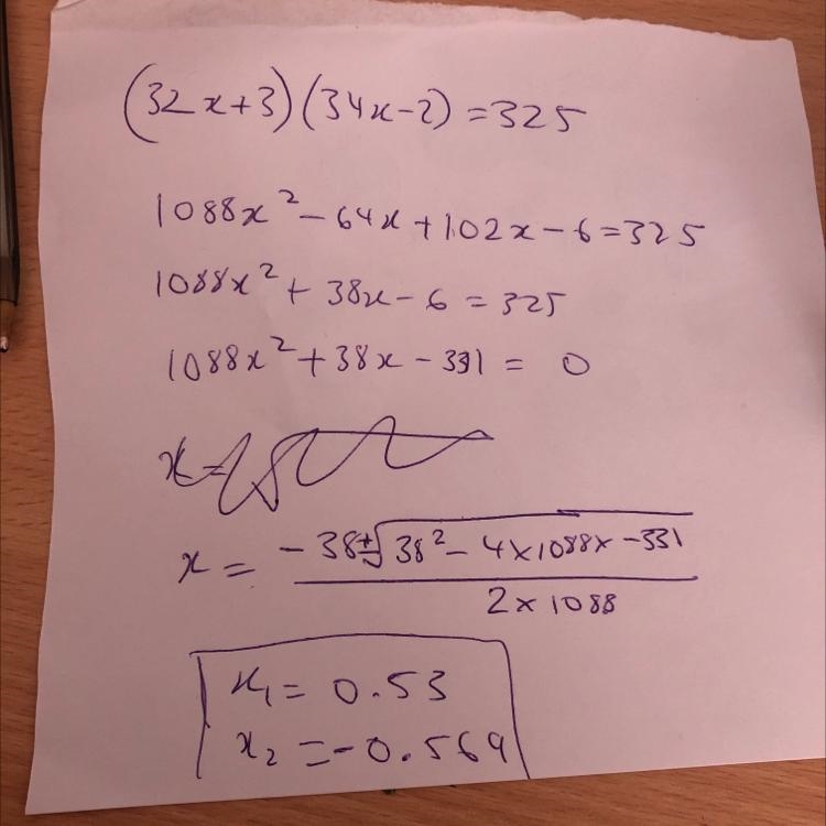 Solve the given equation. (32x+3) (34x-2) = 325 X = (Simplify your answer.)-example-1