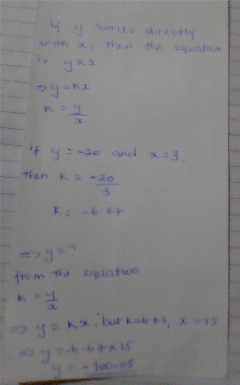 If y directly with x, and y= -20 when x=3, what is y when x=15?-example-1