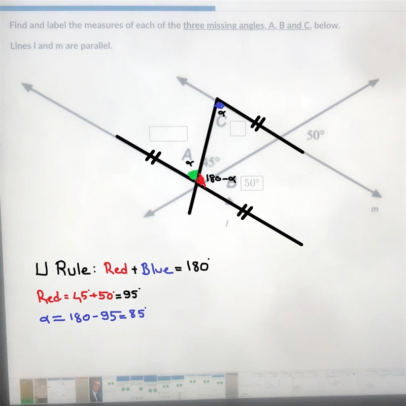 Find and label the measures of each of the three missing angles, A, B and C, below-example-1