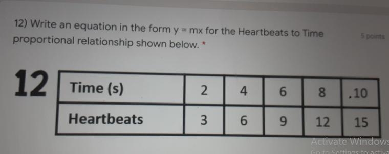 Write an equation in the form y mx for the Heartbeats to Time proportional relationship-example-2