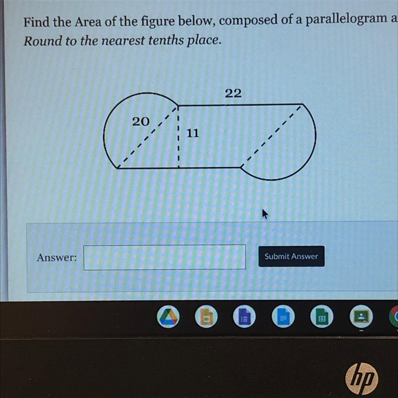 Find the Area of the figure below, composed of parallelogram and two semicircles. Round-example-1