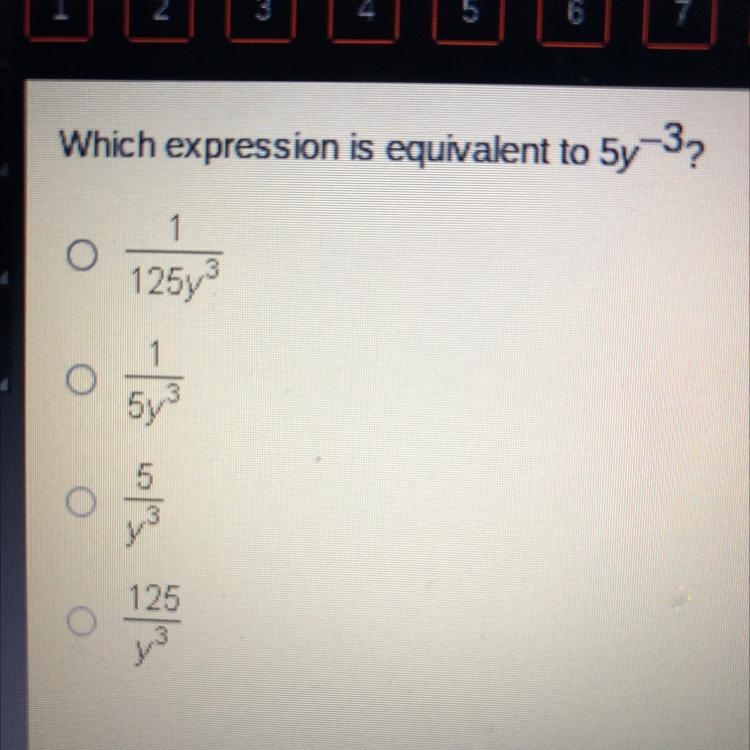 Which expression is equivalent to 5y-3? 1/125y3 1/5y3 5/y3 125/y3-example-1