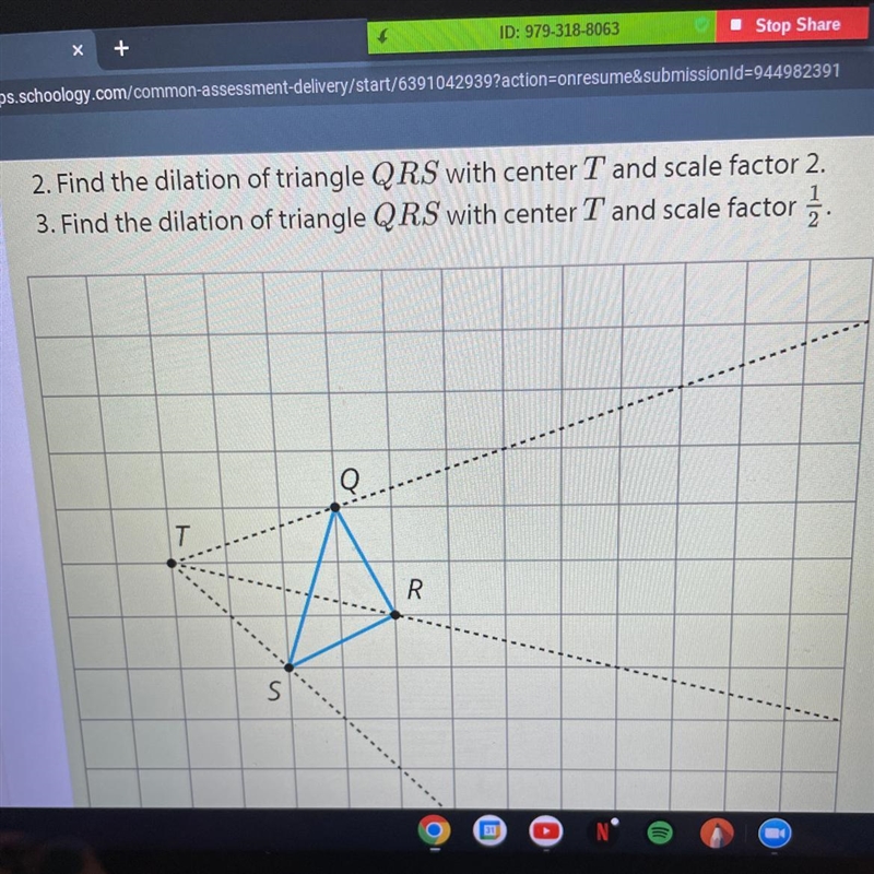 Dilation a triangle QRS with center T and scale factor 2-example-1